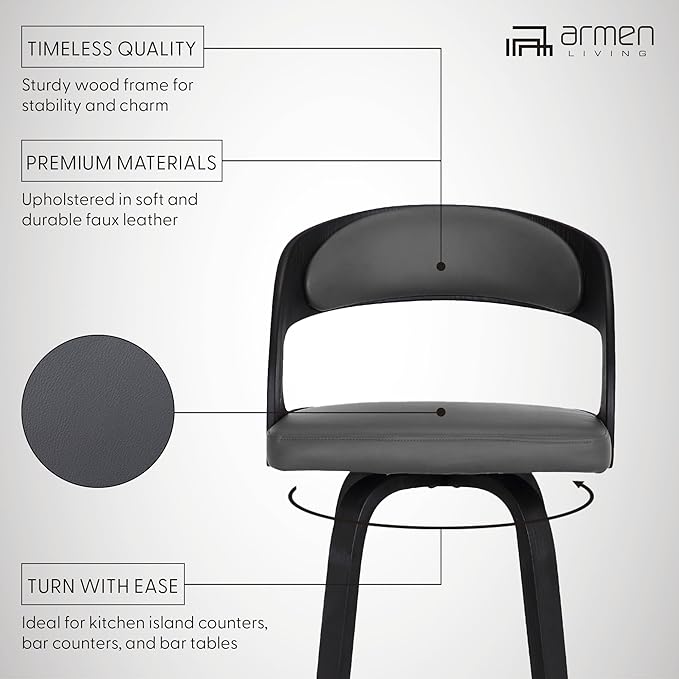 Armen Living Shelly 30" Bar Height Swivel Gray Faux Leather and Black Wood Bar Stool - Set of 2