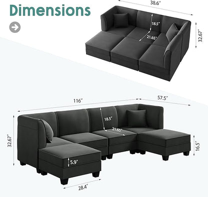 Shintenchi 6 Pieces Sectional Couch Modular Sofa,U Shaped Reversible Chaise Velvet SofaCouch with Cushions,Modular Sectional Sofa with Ottoman for Living Room (Dark Grey)