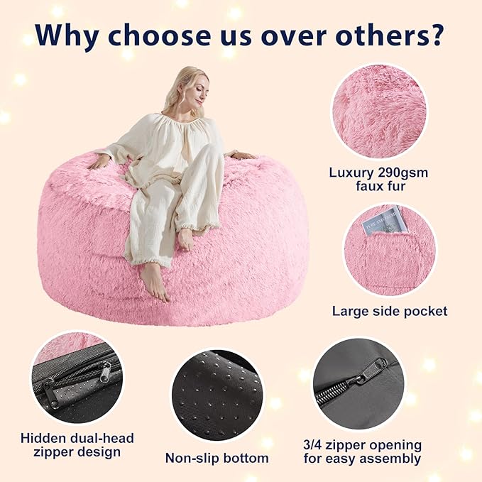 Fluffy Bean Bag for Stuffed Animals Storage, Faux Fur Washable Bean Bag Chair Cover(No Filler) for Textile Plush Toys, Beanbag Chair Cover for Adults Kids Teens, 6FT, Pink
