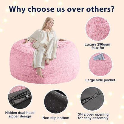 Fluffy Bean Bag for Stuffed Animals Storage, Faux Fur Washable Bean Bag Chair Cover(No Filler) for Textile Plush Toys, Beanbag Chair Cover for Adults Kids Teens, 6FT, Pink