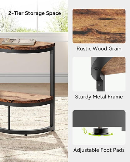 LITTLE TREE 2-Tier End Table Half Round with Storage Shelf, Small Side Table Space Saving Narrow Accent Table for Living Room Sofa Couch, Bedroom, Rustic Brown