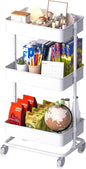 TECBOT 3 Tier Metal Rolling Cart with Wheels, Utility Storage Cart with Handle and Lockable Casters, Storage Basket Organizer Shelves, Easy Assemble for Kitchen, Living Room, Office, Nursery, White