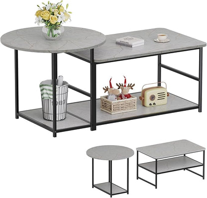 WOHOMO Coffee Table, Modern Style Coffee Tables for Living Room Marble Center Table with Storage 2 in 1Detachable Table Set,Grey Marble