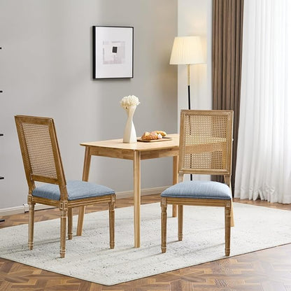 Merax Upholstered Solid Wood Dining Chairs Set of 2, French Country Style Accent Side Seating Furniture for Kitchen, Living Room, Wicker Back, Slate Blue