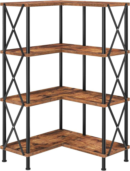 HOOBRO Corner Bookshelf, 4-Tier L-Shaped Bookcase, Industrial Open Display Shelf Tall Storage Organizer, Vertical Storage Rack, for Living Room, Home Office, Rustic Brown and Black BF59SJ01