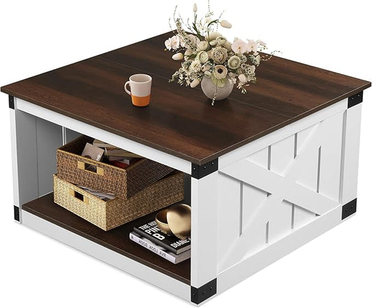 WLIVE Coffee Table, Farmhouse Coffee Table with Open Storage, 31.5" Wood Square Living Room Tables, Rustic Dining Cocktail Center Table for Living Room, Espresso