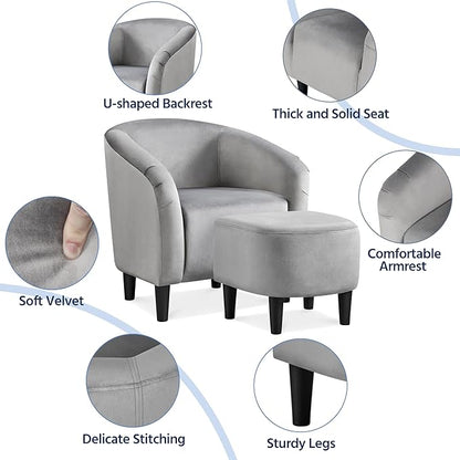Yaheetech Accent Chair with Ottoman Set, Modern Upholstered Soft Barrel Chair with Footstool, Comfy Fabric Armchair and Footrest for Living Room/Bedroom/Reading Room/Guestroom, Gray