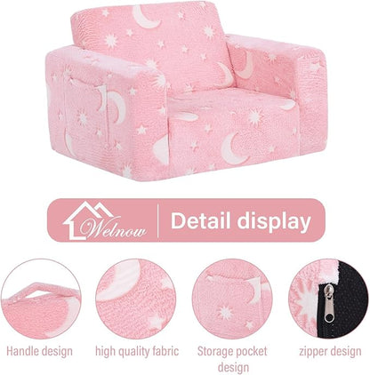 Welnow Toddler Chair, 2-in-1 Soft Sherpa Kids Sofa, Convertible Toddler Couch Lounger, Flip Out Kids Couch Chair with Side Pockets & Removable Cover for Girls and Boys, Pink Moon