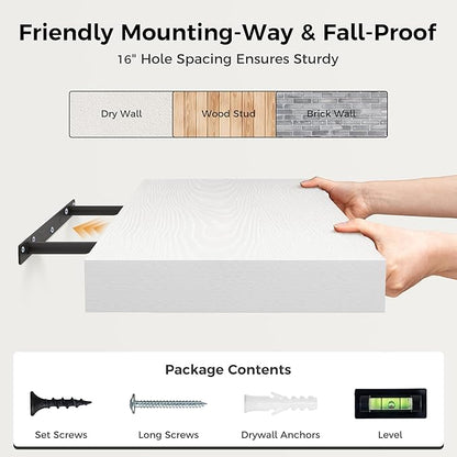 Fun Memories White Floating Shelves 30x 12 Inch, Deep Floating Shelf Wall Mounted, 12" Deep Wall Shelves for Books, Bathroom, Bedroom, Kitchen, Thicked Shelves for Home Storage & Display, Set of 2