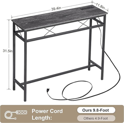 VECELO 39.4In Narrow Sofa/Console Table with Charging Station & Power Outlet and USB Ports, for Entryway, Living Room, Office, Industrial, Metal Frame, 2 Pack, Dark Grey