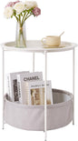 VECELO Round Side/End Table with Fabric Storage Basket，Metal Anti-Rust and Waterproof Small Bedside Nightstand with Removable Tray Top for Living Room，Balcony & Laundry，Beige/1pcs with Basket