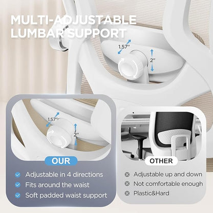 Ergonomic Office Chair with Footrest,Ultra Thick Reclining Desk Chair with Adjustable 2D Lumbar Support and Headrest,Spring Cushion,High Back Premium Mesh Computer Chair,Cream