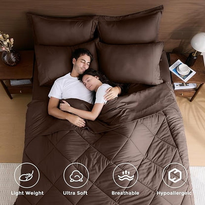 HEVUMYI Brown Full Comforter Set - 7-Piece All Season Bed in a Bag Full, Ultra Soft Bedding Set with Comforter, Flat Sheet, Fitted Sheet, Pillowcases, Pillow Shams