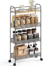 KINGRACK Metal Slim Rolling Cart,4-Tier Metal Utility Cart,Storage Cart with Wooden Tabletop, for Narrow Space on Laundry Bathroom Kitchen Room Bedroom Apartments Dormitory (Light Grey, Slim)