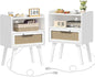 Lerliuo Rattan Nightstands Set of 2 with Charging Station, White Bedside Table with Drawer Open Shelf, Cane Accent Side End Table with Solid Wood Legs, Night Stand for Bedroom, Dorm and Small Spaces