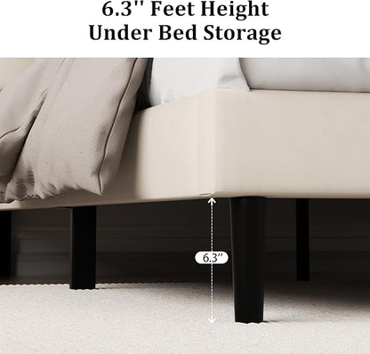 Queen Size Platform Bed Frame with Upholstered Velvet Button Tufted Headboard, Mattress Foundation with Wooden Slat Support, No Box Spring Needed, Easy Assembly, Noise Free, Beige