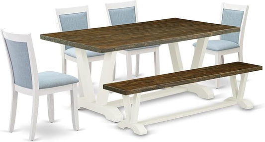 East West Furniture V077MZ015-6 6 Piece Dining Table Set Contains a Rectangle Dining Room Table with V-Legs and 4 Baby Blue Linen Fabric Parson Chairs with a Bench, 40x72 Inch, Multi-Color