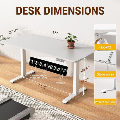 Veken 63x27.6 Inch Large Electric Standing Desk, 4 Memory Heights Adjustable,Sit to Stand Up, Work Home Office Computer Table for Walking Pad, Gifts for Dad, Wooden Desktop Desks, White