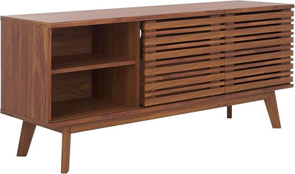 SAFAVIEH ESMA TV Stand for up to 60" Flatscreen – Walnut Brown, Low Sideboard with 2 Sliding Doors, 1 Open Shelf, 1 Drawer, Entertainment Media Console (MED9638A)