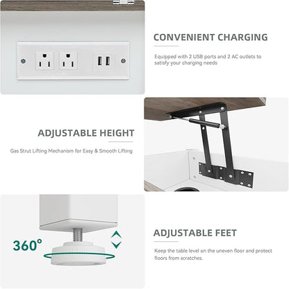 YITAHOME 4-in-1 Lift Top Coffee Table with RGB Light & Dual Tops, Multi-Function Table with Power Outlets, Storage, Converts to Dining Table Computer Desk Gaming Hub, Living Room, Home Office, White