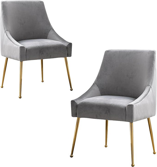 Modern Velvet Dining Chairs Set of 2, Contemporary Upholstered Furniture Collection with Polished Gold Metal Legs, Elegant Accent Chairs for Kitchen Living Room(Grey)