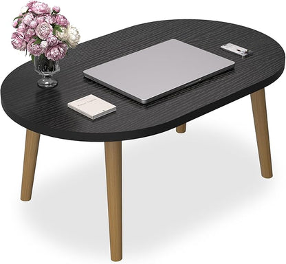 Small Coffee Table for Small Space, Low Table, Floor Table Desk for Sitting on The Floor, Japanese Coffee Table for Living Room, Tatami Tea Tables with Solid Wood Legs, Oval Coffee Tables, Black