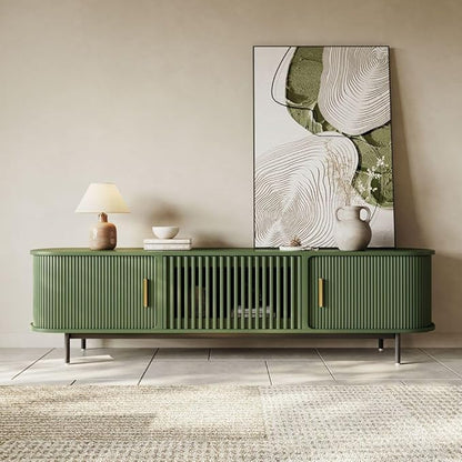 POVISON Fully-Assembled Modern Green TV Stand with Tambour Doors, Fluted TV Media Console for 75 Inch TVs, Sliding Door Entertainment Center with Storage for Living Room (Green, 78.74")