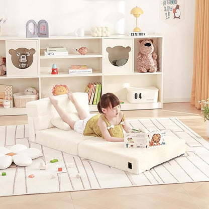 Folding Sofa Bed Beige Floor Mattress for Kids with Pillow, Toddler Washable Folded Floor Nap Mat Futon, Child Fold Up Sofa Folding Chair Bed with Storage Bag for Girls and Boys