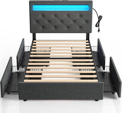 Rolanstar Twin Bed Frame with 4 Storage Drawers and Charging Station,Twin Bed with Led Lights, 2 USB & 1 Type C, Adjustable Headboard 38.9/40.8 Inches, No Box Spring Needed, Grey