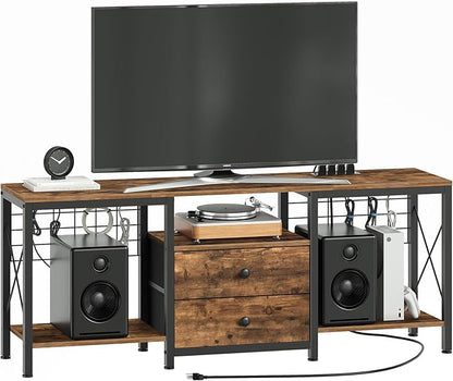 TV Stand with Power Outlet Up to 60 Inch, Entertainment Center with 2 Fabric Drawers, TV Console Table with Open Storage Shelves for TVs, Cable Management, for Living Room, Bedroom, DS14UBRY1