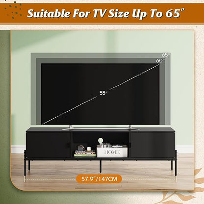 WLIVE Modern TV Stand for 65 Inch TV, Mid Century Entainment Center with Storage, TV Console with Open Shelf and 2 Cabinets for Bedroom and Living Room, TV Cabinet with Metal Legs, Black