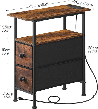HOOBRO Set of 2 Narrow End Tables with Charging Station, Slim Side Table with 2 Fabric Drawers, Skinny Nightstand with Storage, Slim Bedside Table for Small Spaces, Rustic Brown and Black BF487UBZP201