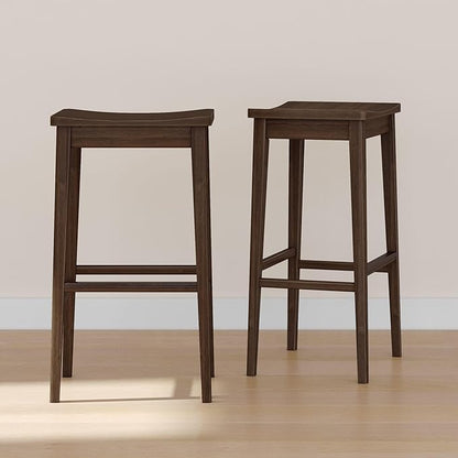 Plank+Beam Smythe Bar Stool, 30", Set of 2, Sturdy Wood Modern Kitchen Counter Height Stool, Saddle Seat Backless Counter Chair, Metal Footrest, Walnut