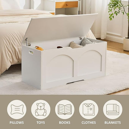 39.4" Storage Chest, Wooden Storage Bench, Storage Trunk, Chest with Lift Top, Large Box Entryway Bench, Supports 330 lb U-Shaped Opening for Entryway, Hallway, Living Room, Ivory White