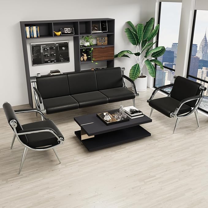wonline 4 Seat Waiting Room Chair with Armrest PU Leather Office Furniture, Office Guest Seating Lobby Conference Reception Chairs for Airport Clinic Hospital Bank Salon Barber(Black)