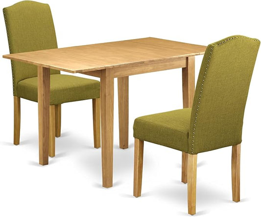 East West Furniture NDEN3-OAK-08 3 Piece Dining Room Table Set Contains a Rectangle Dining Table with Dropleaf and 2 Linen Fabric Parson Kitchen Chairs, 30x48 Inch, Oak
