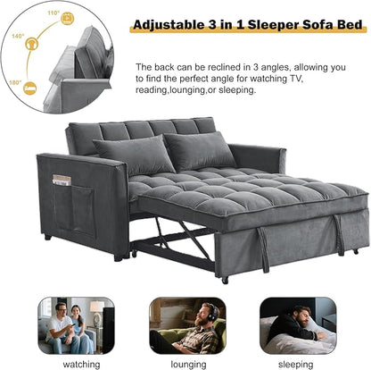 3 in1 Sofa Bed, Pull-Out Sleeper Sofa Bed with 3-Level Adjustable Backrest, Velvet Fabric Convertible Love Seat Sleepers Beds for Living Room & Bedroom & Apartment, Grey