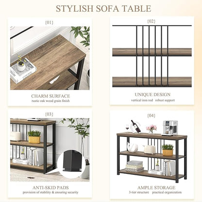 FOLUBAN Modern Sofa Table for Entryway, 3 Tier Narrow Console Table for Living Room Hallway Behind Couch, Rustic Oak