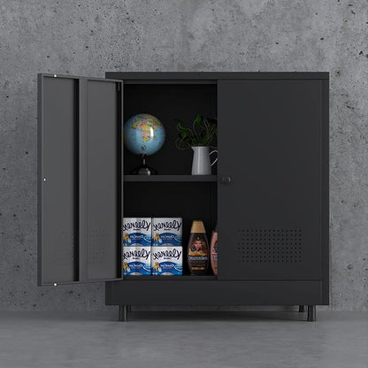 Metal Storage Cabinet with 2 Doors and Adjustable Shelf, Steel Accent Sideboard Buffet Cabinet for Home, Office, Garage, Entryway, Living Room, Kitchen Pantry and Dining Room (Black)