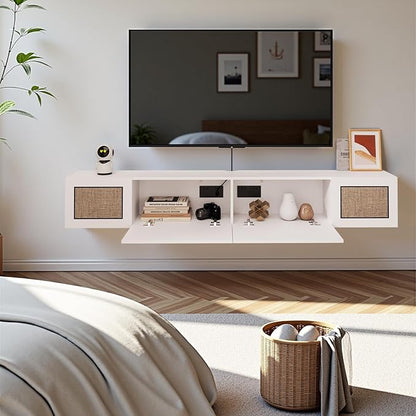 Pmnianhua Boho Floating TV Stand 94", Modern Wall Mounted Media Console with Cotton-Rayon Doors for Under TV Shelf,Entertainment Center,Living Room,Bedroom(White)