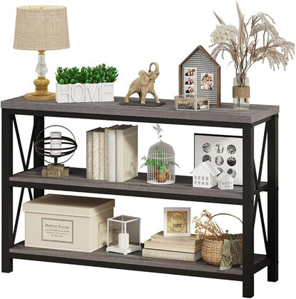 BON AUGURE Rustic Sofa Table Behind Couch, Industrial Console Tables for Entryway, 3 Tier Wood Shelves Entry Table with Storage for Foyer, Hallway, Front Door (47 Inch, Dark Grey Oak)