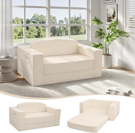 MeMoreCool Convertible Sofa Bed, Pull Out Loveseat Sleeper Sofa Beige, Small Boneless Cloud Couch Bed for Adults, Fold Out Foam Love Seat, Corduroy Folding Floor Couch for Bedroom