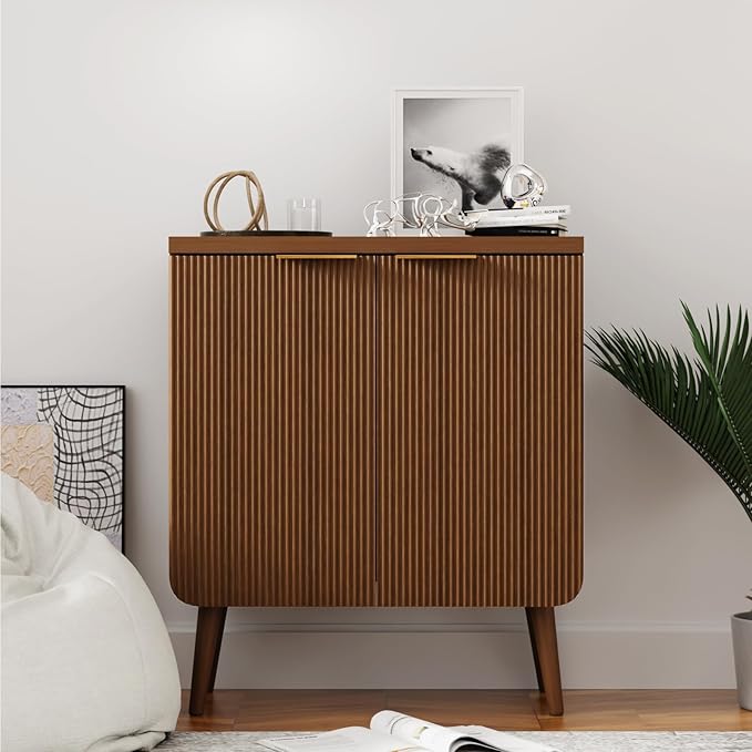Fluted Buffet Cabinet – Modern Wood Sideboard with 2-Doors & Shelves, Multifunctional Storage Cabinet & Credenzas for Entryway, Dining & Living Room, Walnut