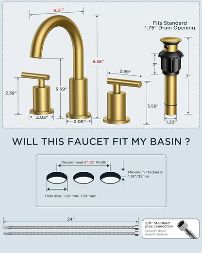 FORIOUS 8 Inch Widespread Brushed Gold Bathroom Faucet 3 Hole, 2 Handle Gold Sink Faucet Bathroom Vanity with 360 Degree Swivel Spout, with Metal Pop Up Drain and cUPC Supply Line, for 6 to 12 In Sink