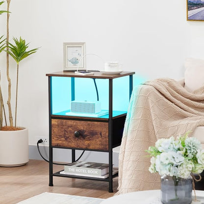 Night Stand Set 2, LED Nightstand with Charging Station, End Tables Living Room with Fabric Drawer for Small Spaces, Side Tables with Storage Shelf for Bedroom, Brown HETS01PBR