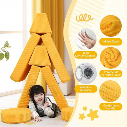 MeMoreCool Kids Couch for Playroom, Corduroy Convertible Toddler Couch, 8 Piece Modular Play Sofa, Foam Fort Building Set for Child Room Furniture, Yellow