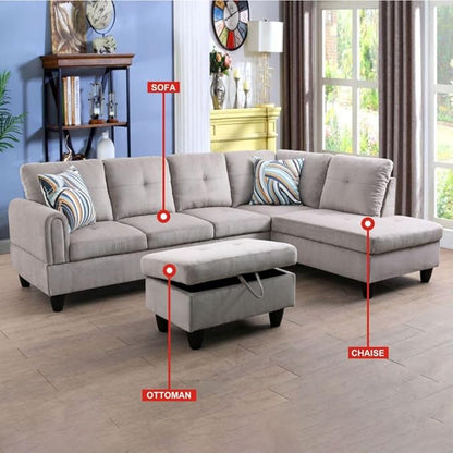 Grey White L-Shaped 3-Piece Corduroy Sofa with Storage Ottoman Set, Sectional Couch Sofa Set for Living Room, Office, Small Space