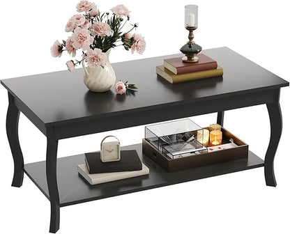 ChooChoo Coffee Table, Modern Center Table with Curved Legs and Storage Shelf, 39" Coffee Table for Living Room, Black