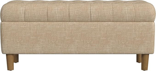 HomePop Home Decor | Tufted Ainsley Button Storage Ottoman Bench with Hinged Lid | Ottoman Bench with Storage for Living Room & Bedroom, Light Tan Textured Solid