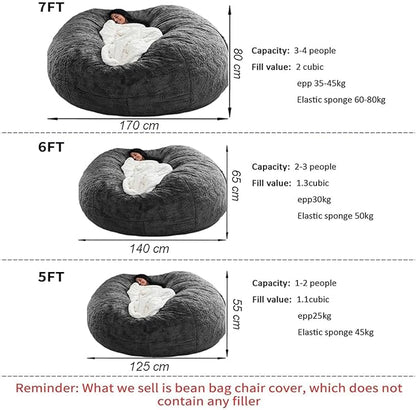 Bean Bag Chair Cover for Adults Kids Comfy Fluffy Giant Round Beanbag Cover Floor Chair Cover for Stuffed Animals Storage, 7FT, Black